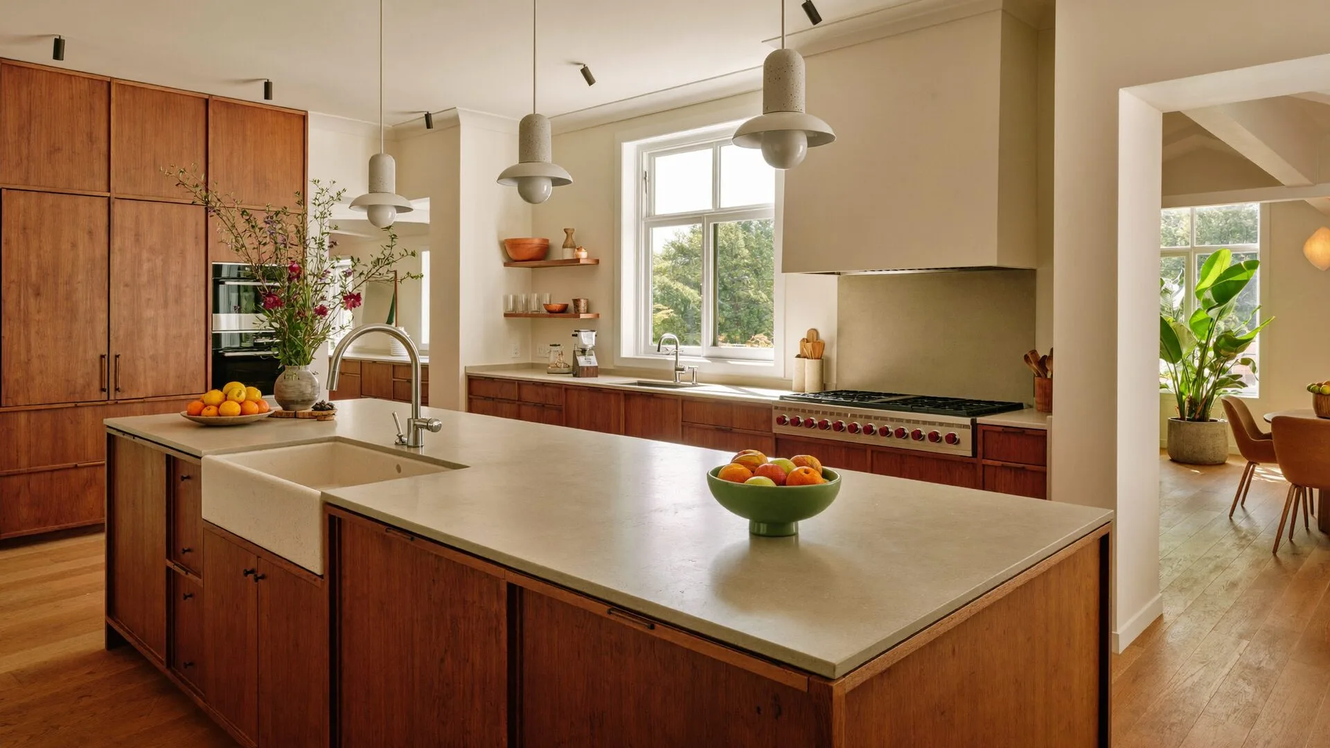Strak gerenoveerde keuken met nieuw werkblad en verlichting
